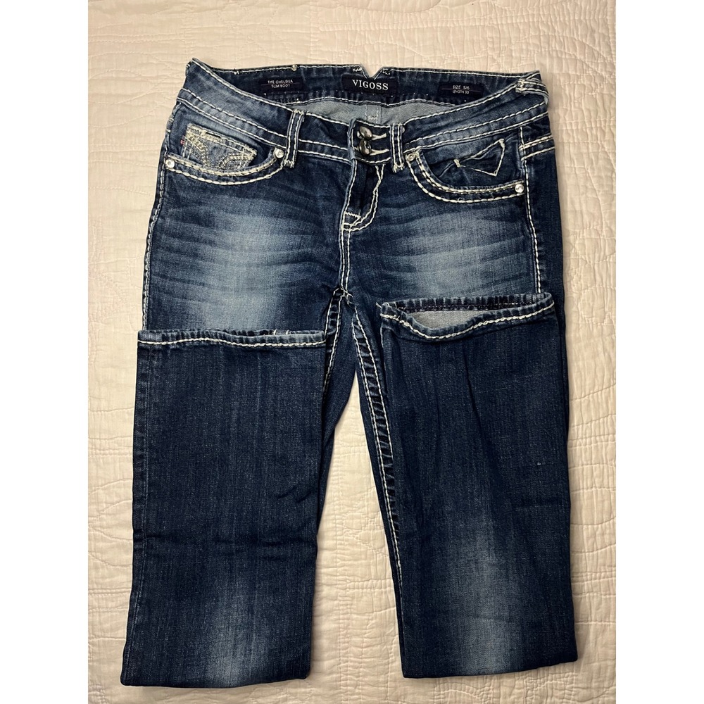 Vigoss The Chelsea Slim Boot Dark Wash Embellished Jeans Size 5/6 L33